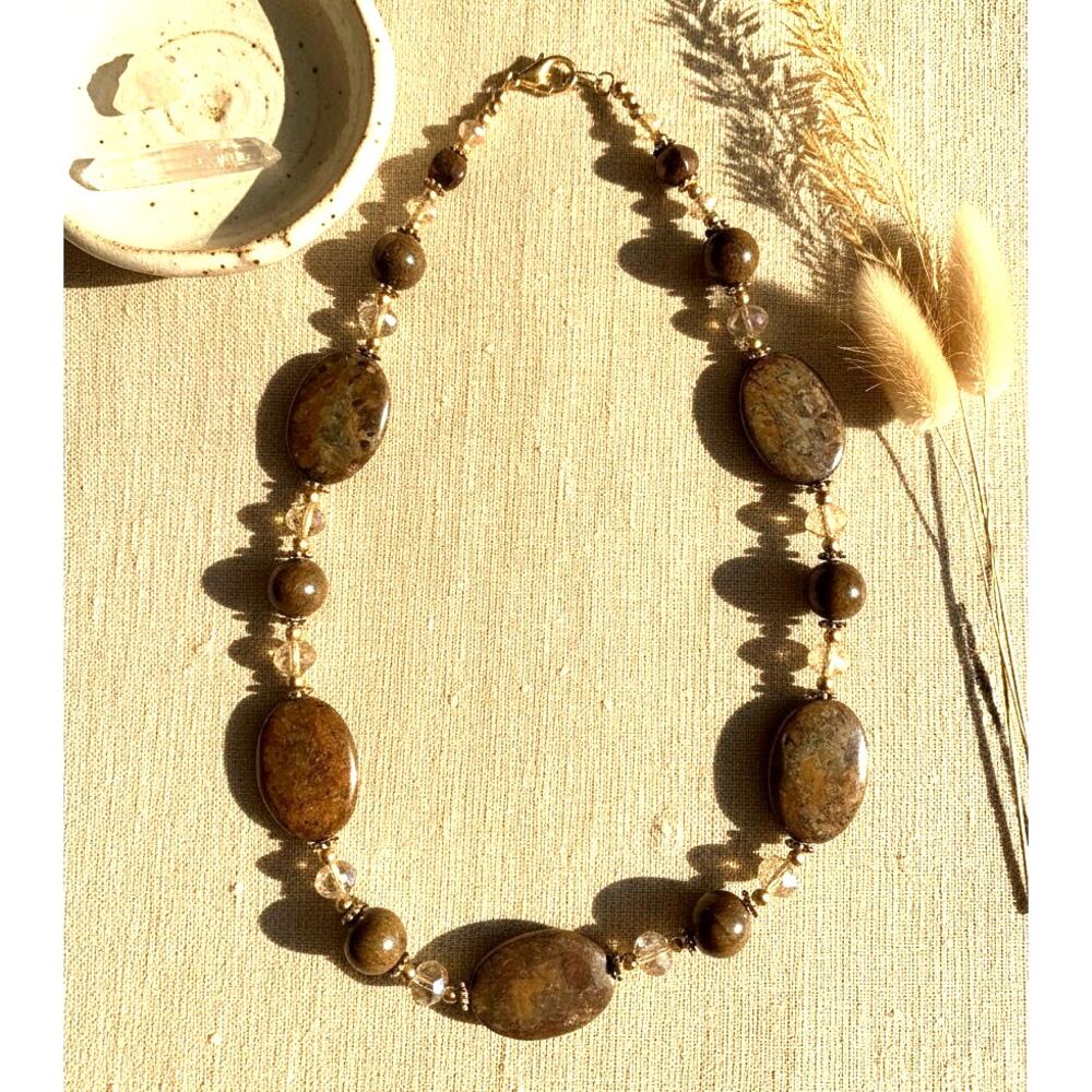 Handcrafted Natural Bronzite Oval Beaded Necklace Brown Gold Crystal